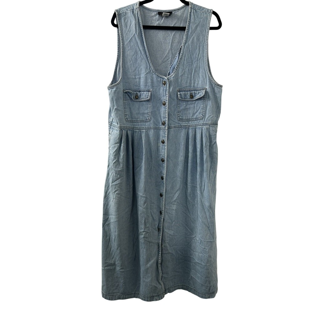 Truly Yours Solid Denim Maxi Dress 16 Blue Button Front 90s Cottagecore Grunge
